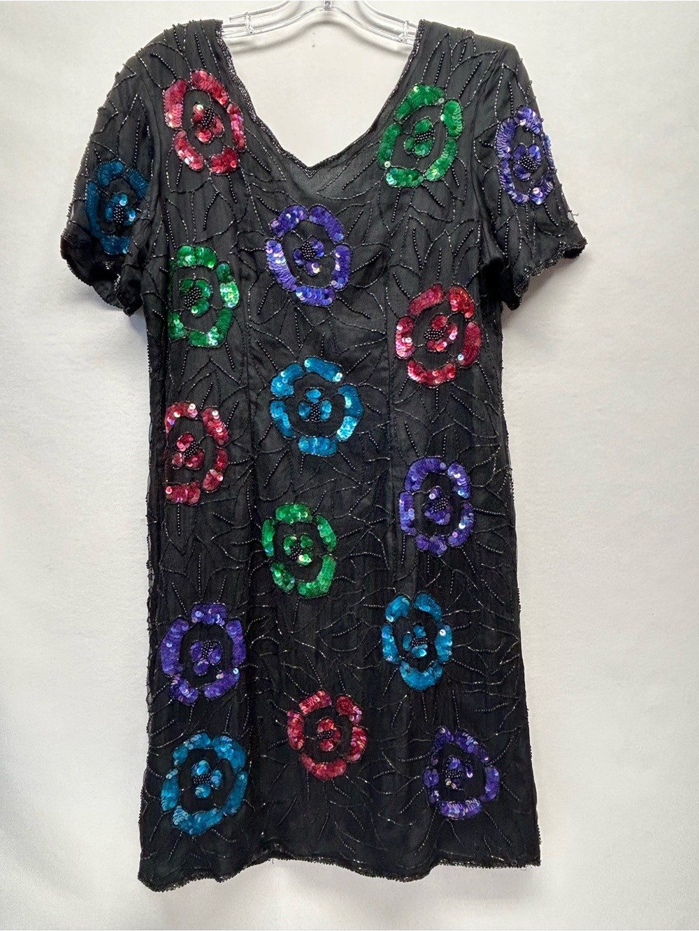 Black Sequin Floral Short Sleeve Dress vintage size 16